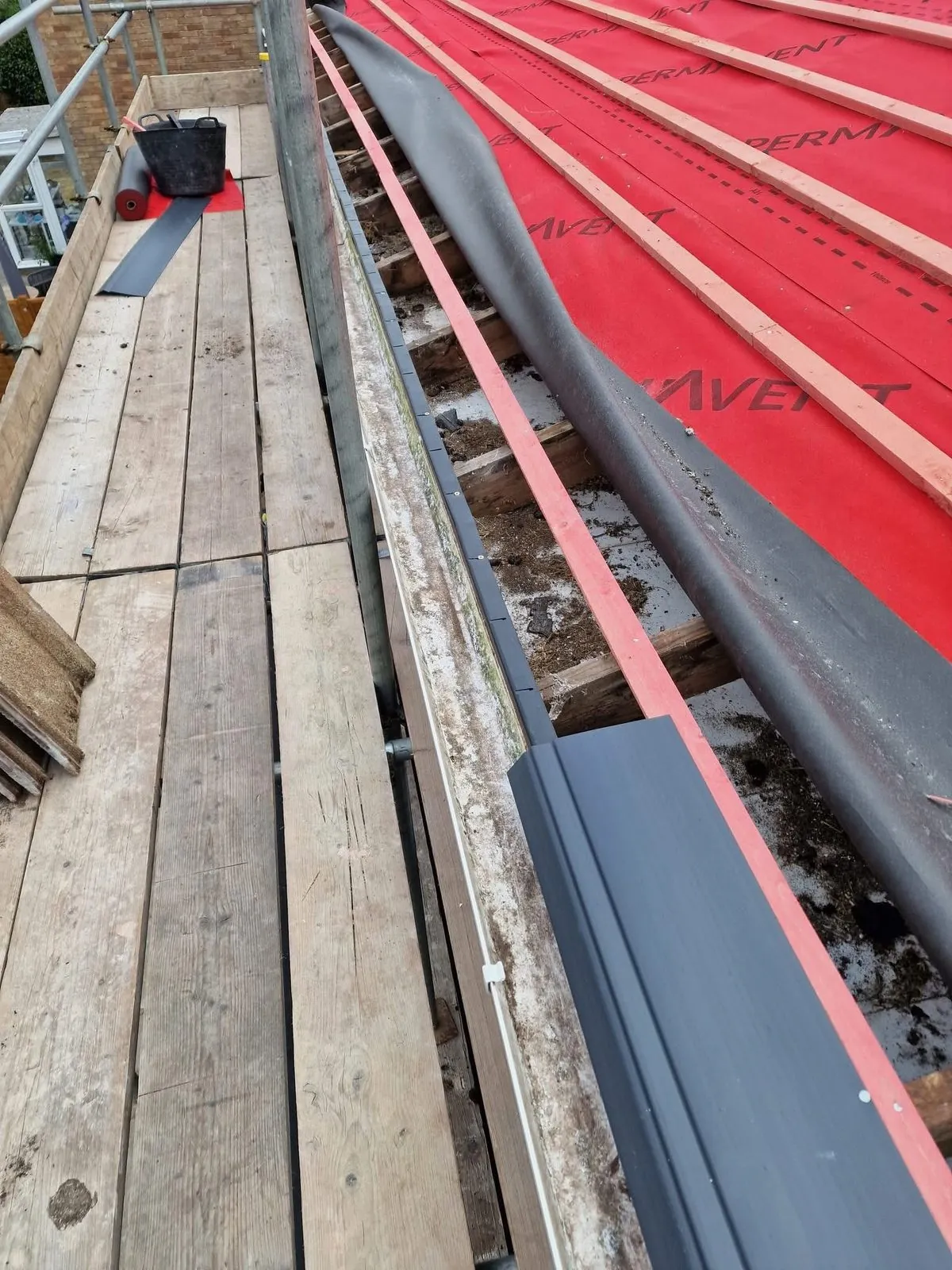 Breathable membrane and battens fitted during a re-roof in Mevagissey